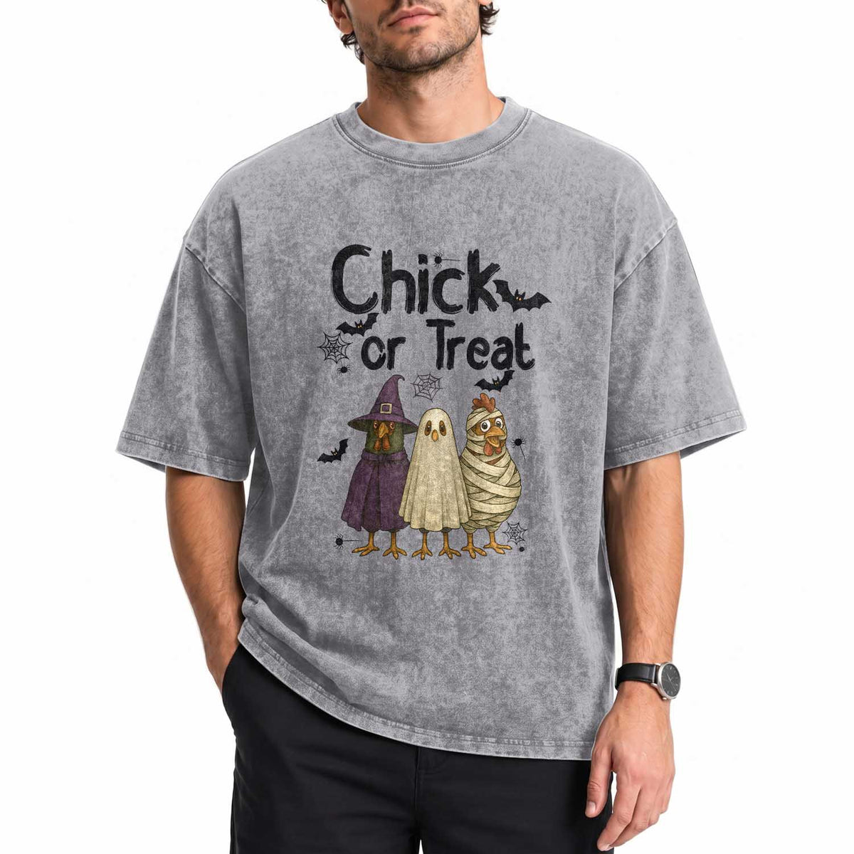 Funny Halloween Chicken Washed Cotton T-Shirt Chick Or Treat Spooky Gift