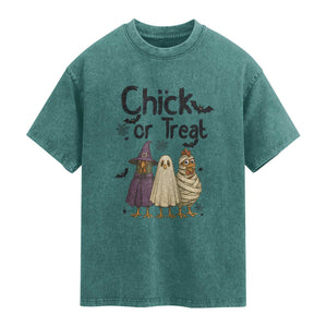 Funny Halloween Chicken Washed Cotton T-Shirt Chick Or Treat Spooky Gift