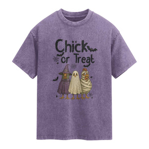 Funny Halloween Chicken Washed Cotton T-Shirt Chick Or Treat Spooky Gift