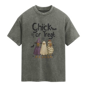 Funny Halloween Chicken Washed Cotton T-Shirt Chick Or Treat Spooky Gift