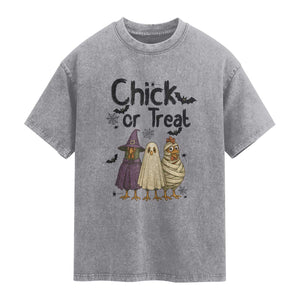 Funny Halloween Chicken Washed Cotton T-Shirt Chick Or Treat Spooky Gift