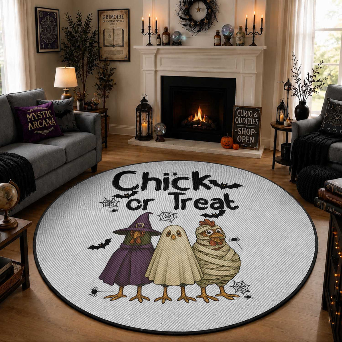 Funny Halloween Chicken Round Rug Chick Or Treat Spooky Gift