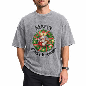 Funny Christmas Chicken Lovers Washed Cotton T-Shirt Merry Chickmas Santa Gift