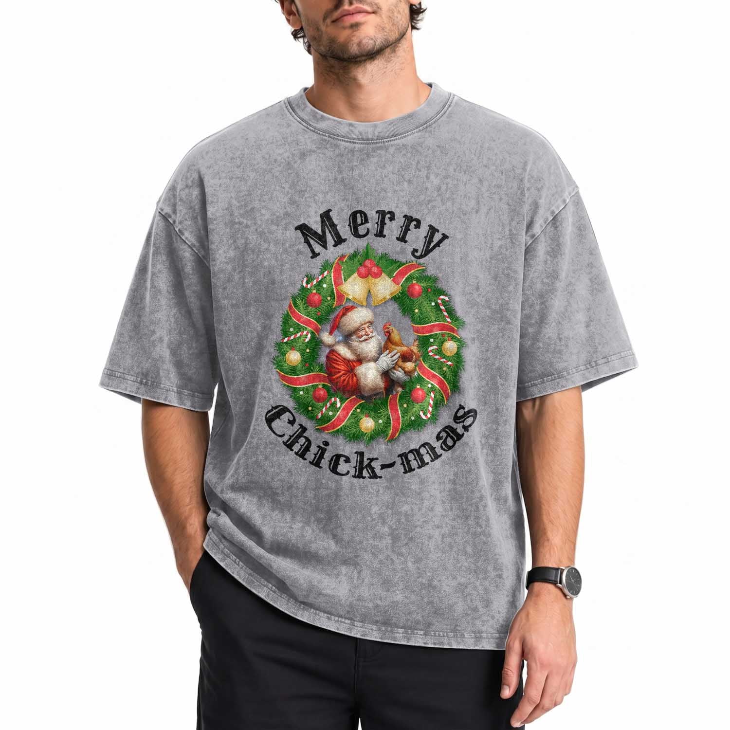 Funny Christmas Chicken Lovers Washed Cotton T-Shirt Merry Chickmas Santa Gift
