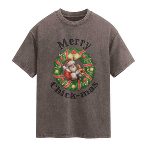 Funny Christmas Chicken Lovers Washed Cotton T-Shirt Merry Chickmas Santa Gift