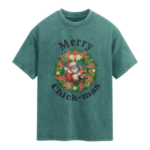 Funny Christmas Chicken Lovers Washed Cotton T-Shirt Merry Chickmas Santa Gift