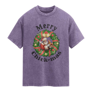 Funny Christmas Chicken Lovers Washed Cotton T-Shirt Merry Chickmas Santa Gift