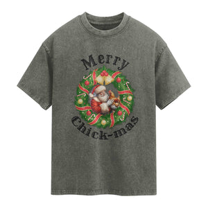 Funny Christmas Chicken Lovers Washed Cotton T-Shirt Merry Chickmas Santa Gift