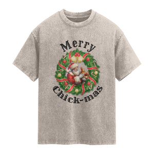 Funny Christmas Chicken Lovers Washed Cotton T-Shirt Merry Chickmas Santa Gift