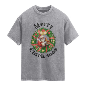 Funny Christmas Chicken Lovers Washed Cotton T-Shirt Merry Chickmas Santa Gift
