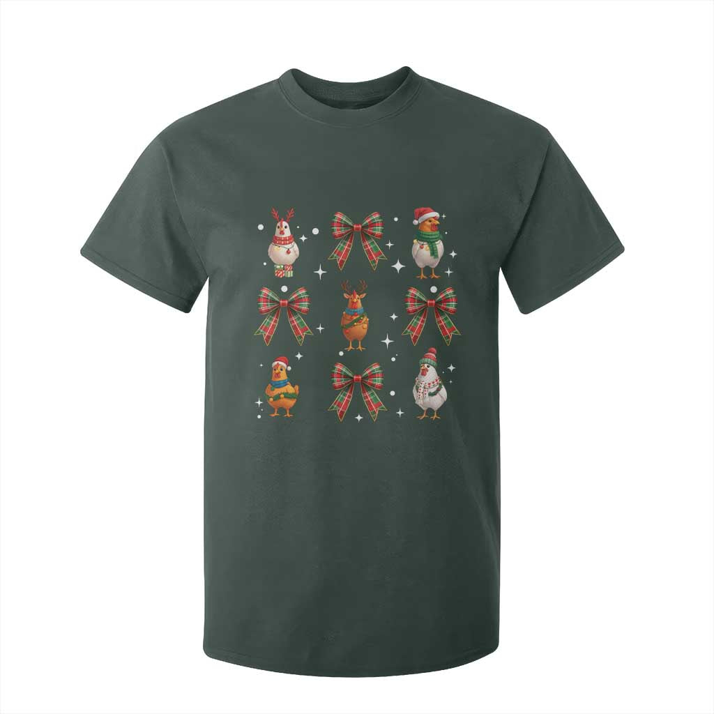 Cute Christmas Chicken With Xmas Coquette Bow T Shirt For Kid TS12 Dark Forest Green Print Your Wear