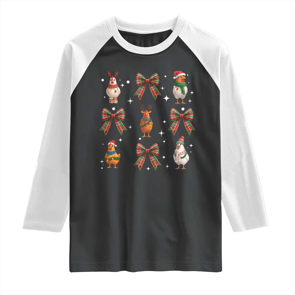 Cute Christmas Chicken With Xmas Coquette Bow Raglan Shirt TS12 Black White Print Your Wear