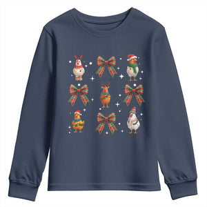 Cute Christmas Chicken With Xmas Coquette Bow Youth Sweatshirt TS12 Navy Print Your Wear