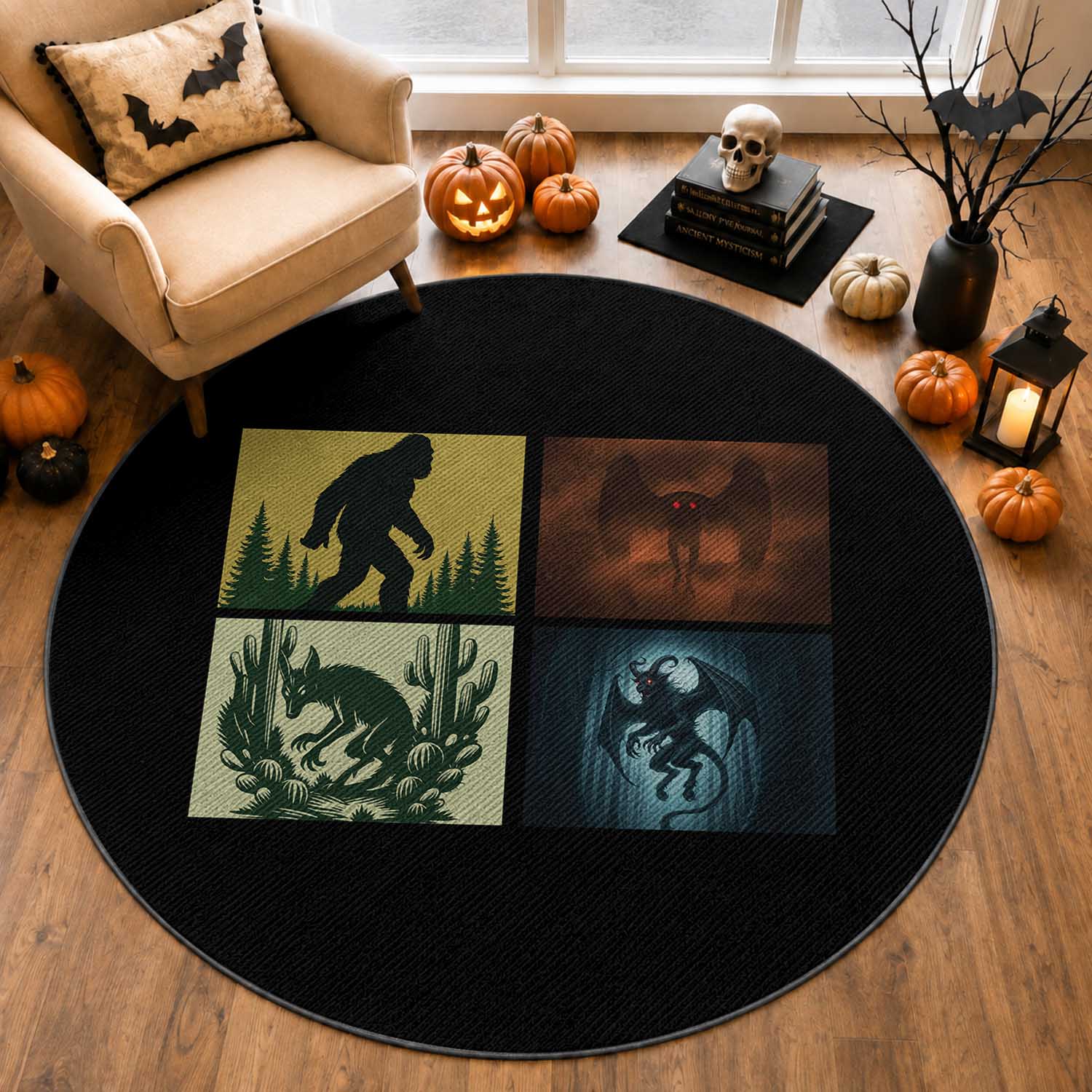 Mothman Bigfoot Chupacabra Jersey Devil Round Rug Cryptid Legends Gift
