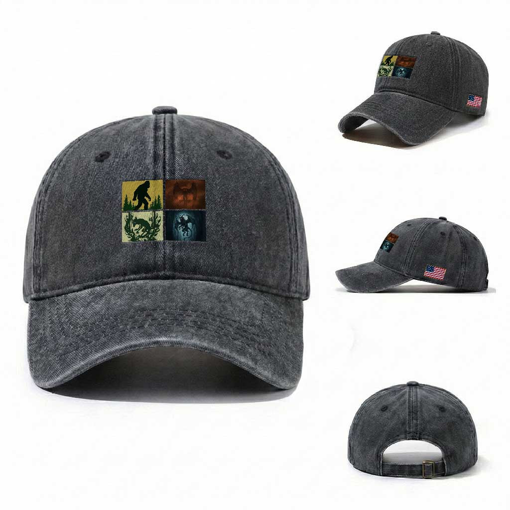 Mothman Bigfoot Chupacabra Jersey Devil Washed Cotton Baseball Cap Cryptid Legends Gift TS12 Washed Cap Universal Fit Dark Gray Print Your Wear