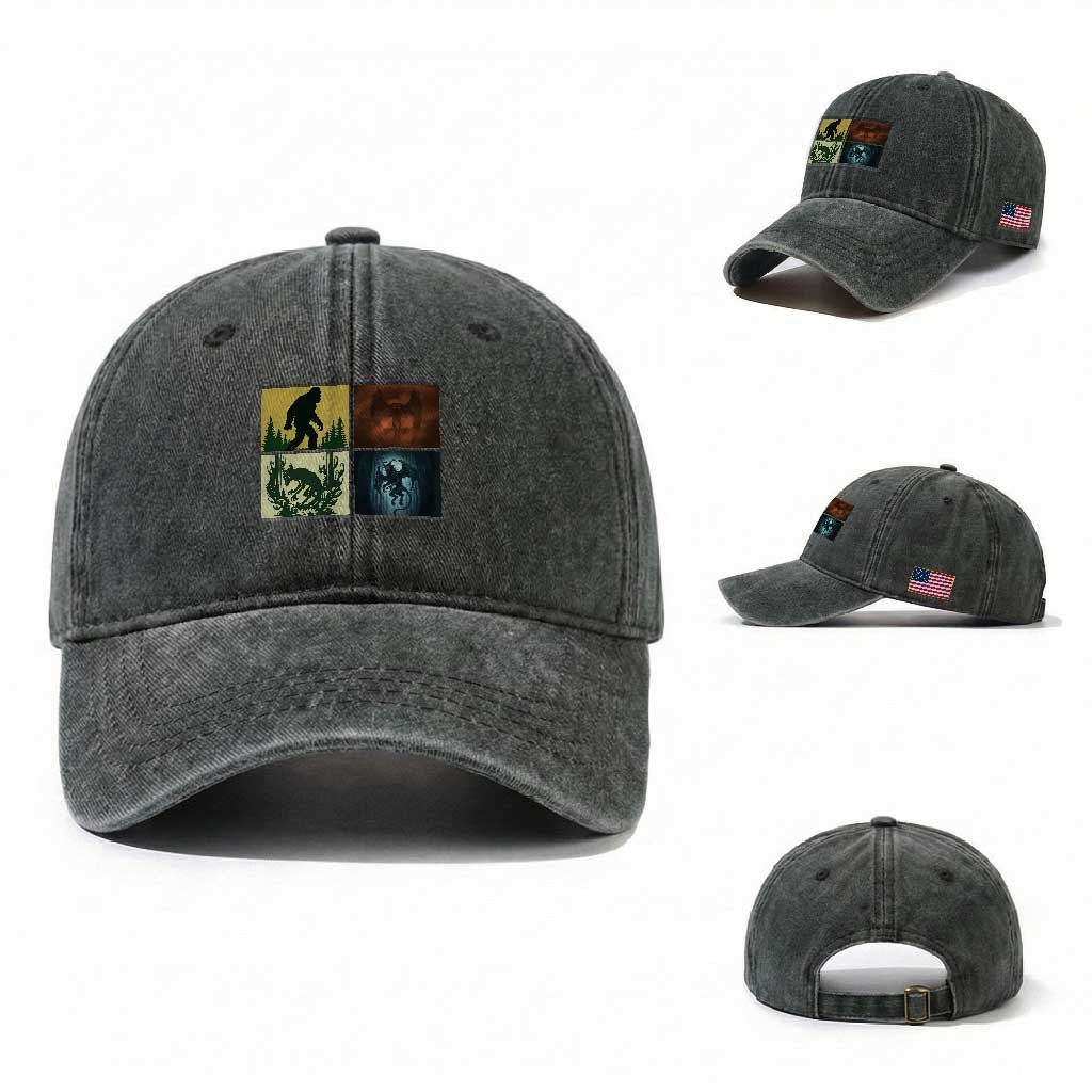 Mothman Bigfoot Chupacabra Jersey Devil Washed Cotton Baseball Cap Cryptid Legends Gift TS12 Washed Cap Universal Fit Dark Green Print Your Wear