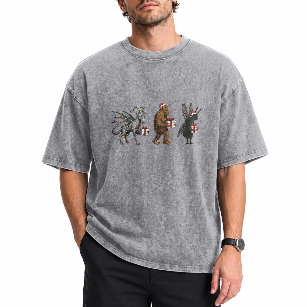 Christmas Cryptid Gift Washed Cotton T-Shirt Bigfoot Jersey Devil Mothman Santa