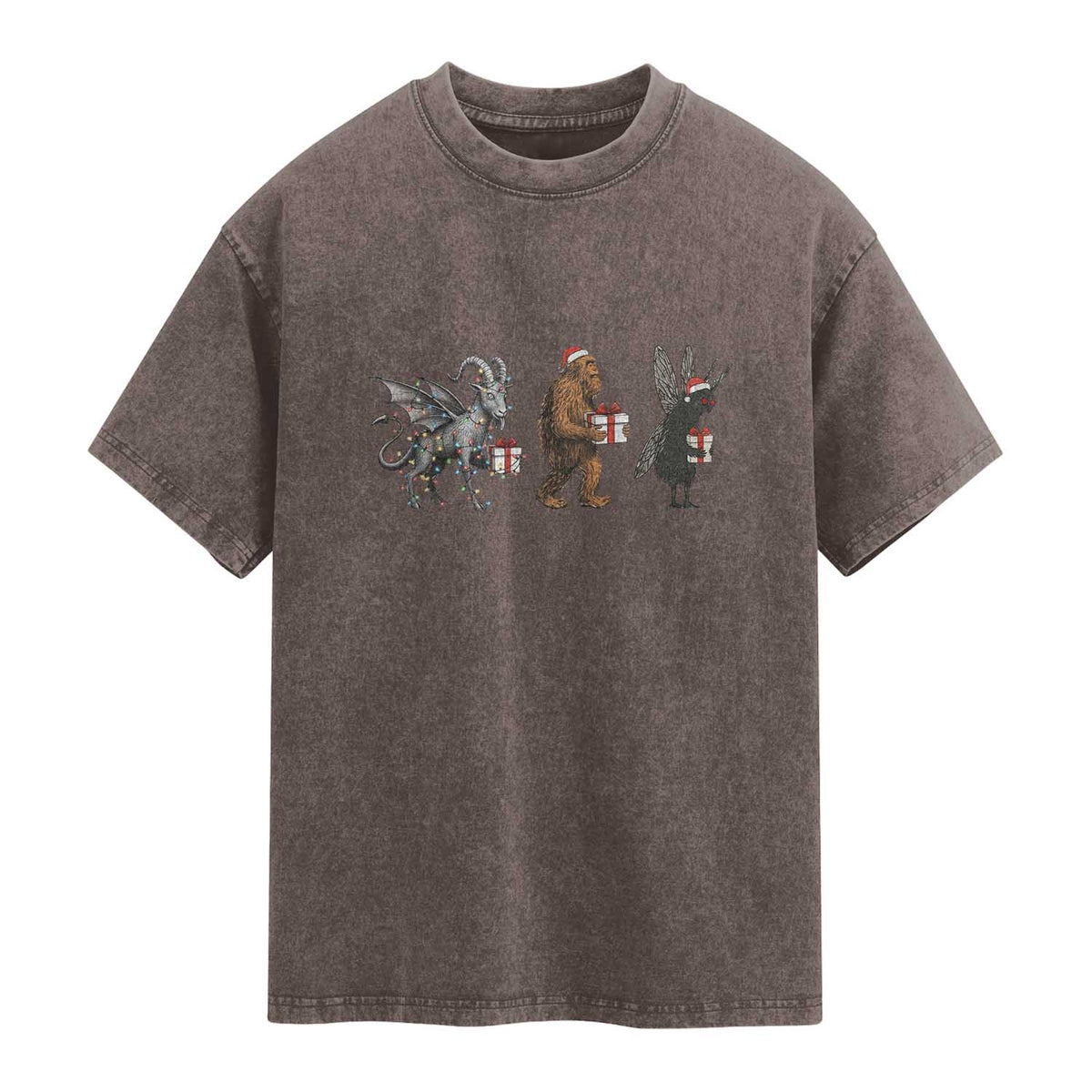 Christmas Cryptid Gift Washed Cotton T-Shirt Bigfoot Jersey Devil Mothman Santa