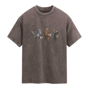 Christmas Cryptid Gift Washed Cotton T-Shirt Bigfoot Jersey Devil Mothman Santa