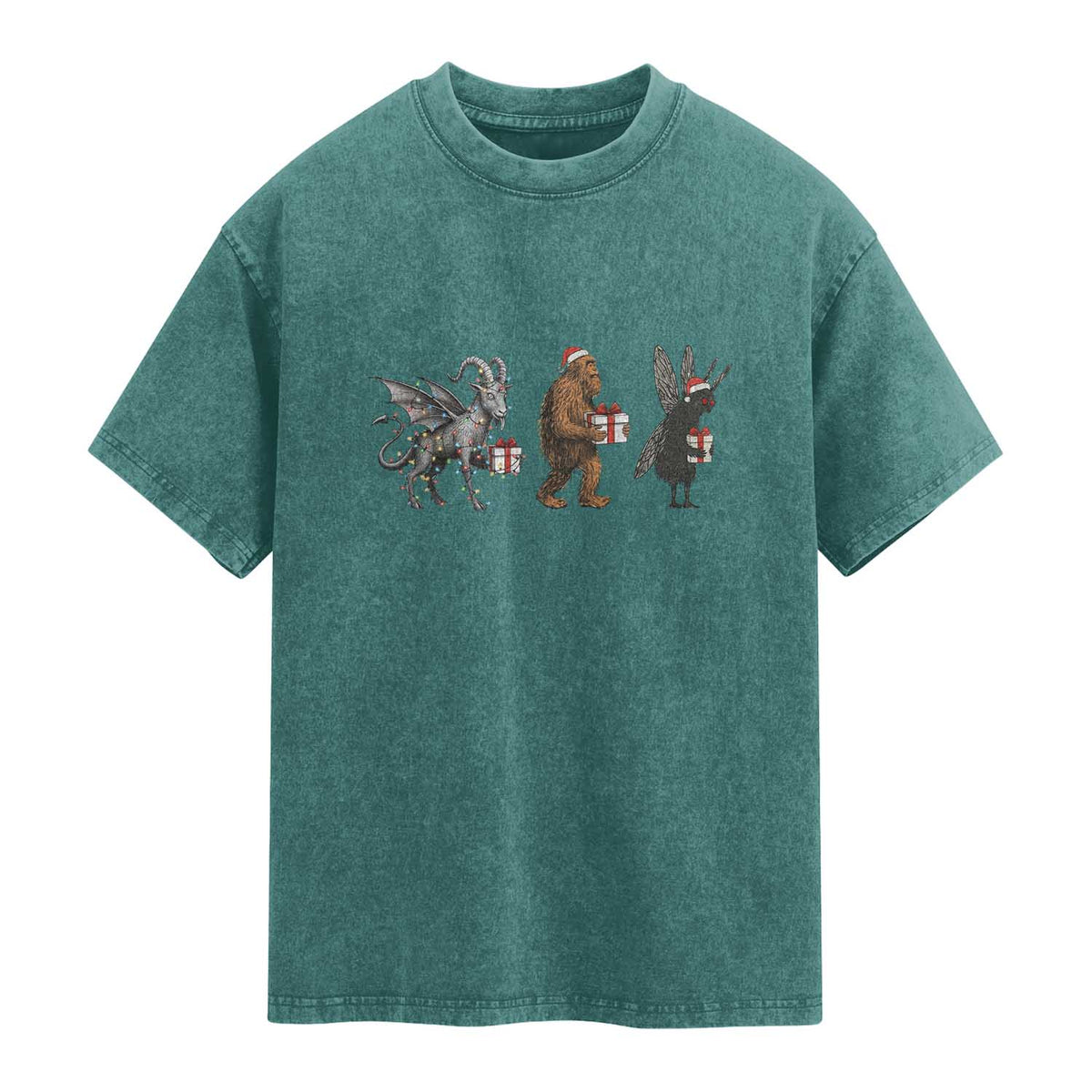 Christmas Cryptid Gift Washed Cotton T-Shirt Bigfoot Jersey Devil Mothman Santa
