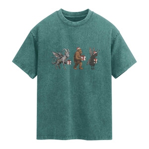 Christmas Cryptid Gift Washed Cotton T-Shirt Bigfoot Jersey Devil Mothman Santa