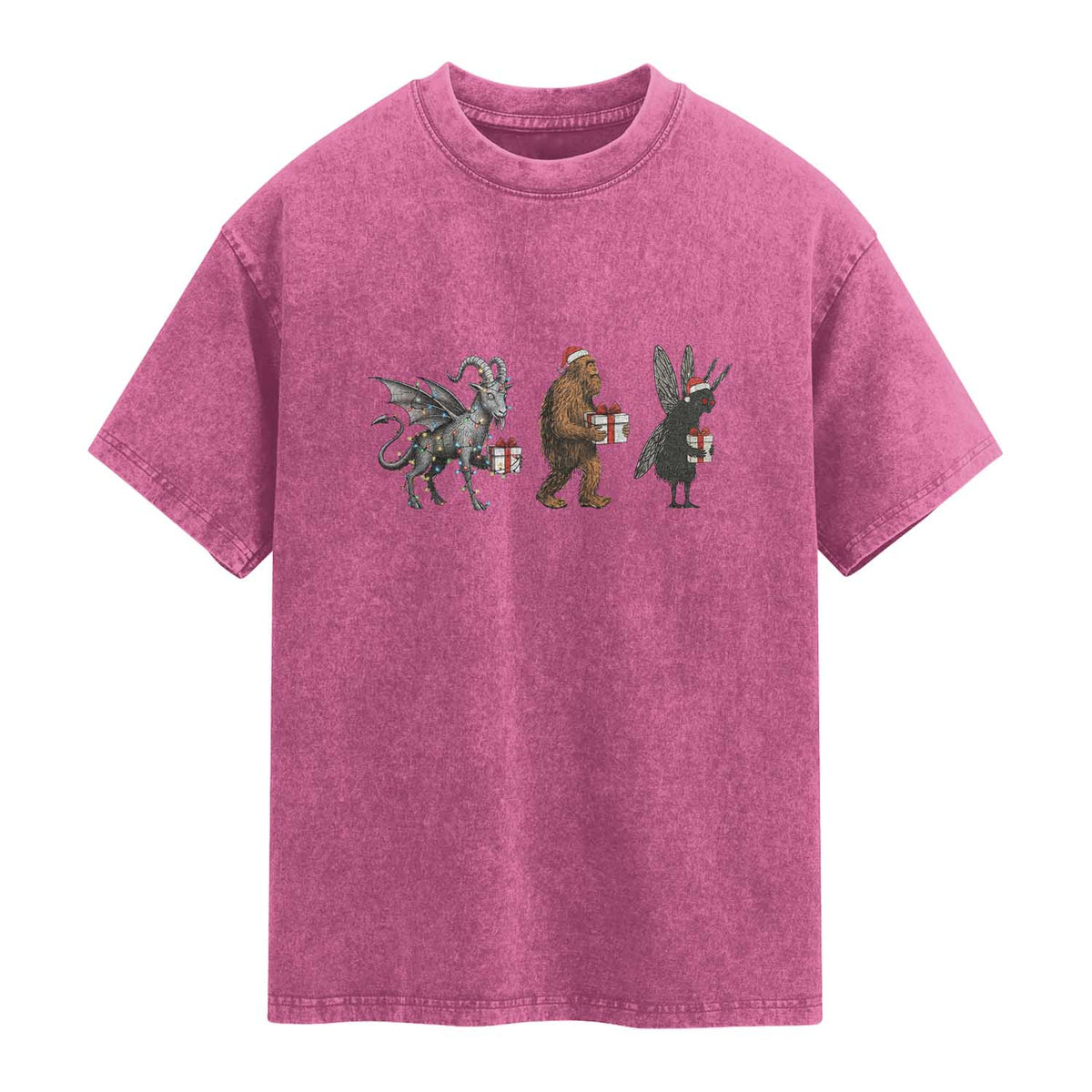 Christmas Cryptid Gift Washed Cotton T-Shirt Bigfoot Jersey Devil Mothman Santa