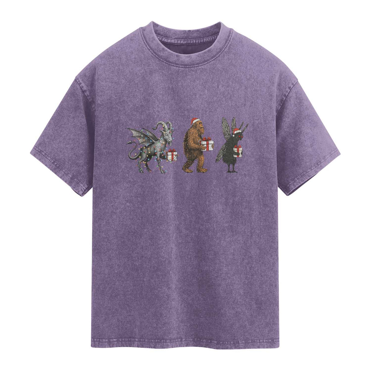 Christmas Cryptid Gift Washed Cotton T-Shirt Bigfoot Jersey Devil Mothman Santa