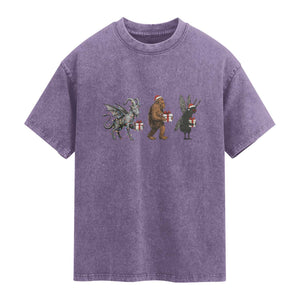 Christmas Cryptid Gift Washed Cotton T-Shirt Bigfoot Jersey Devil Mothman Santa