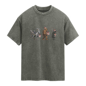Christmas Cryptid Gift Washed Cotton T-Shirt Bigfoot Jersey Devil Mothman Santa