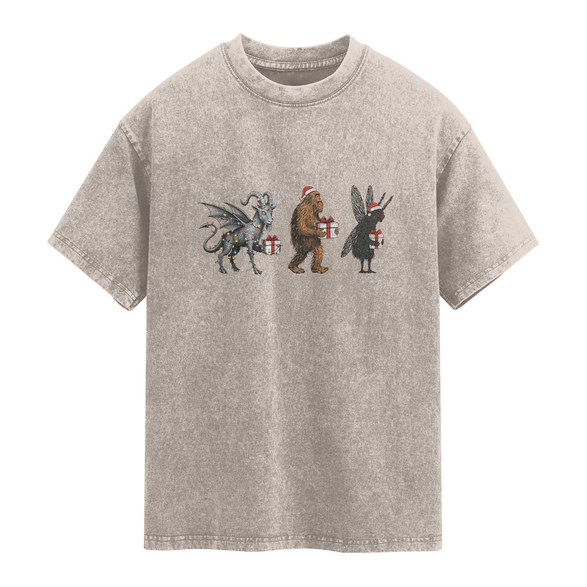 Christmas Cryptid Gift Washed Cotton T-Shirt Bigfoot Jersey Devil Mothman Santa