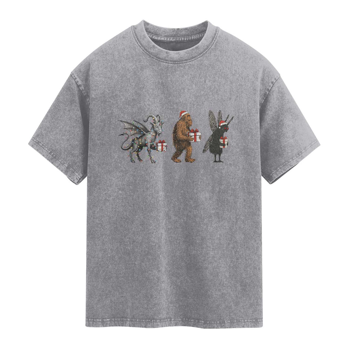 Christmas Cryptid Gift Washed Cotton T-Shirt Bigfoot Jersey Devil Mothman Santa