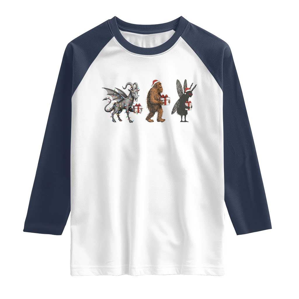 Christmas Cryptid Gift Raglan Shirt Bigfoot Jersey Devil Mothman Santa TS12 White Navy Print Your Wear