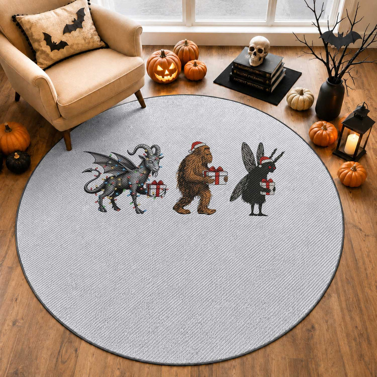 Christmas Cryptid Gift Round Rug Bigfoot Jersey Devil Mothman Santa