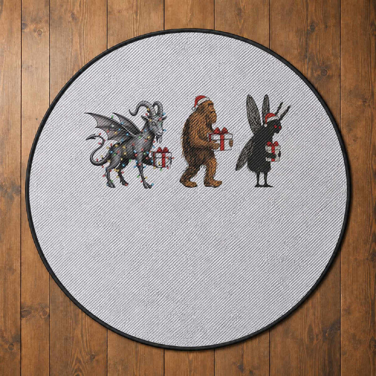 Christmas Cryptid Gift Round Rug Bigfoot Jersey Devil Mothman Santa