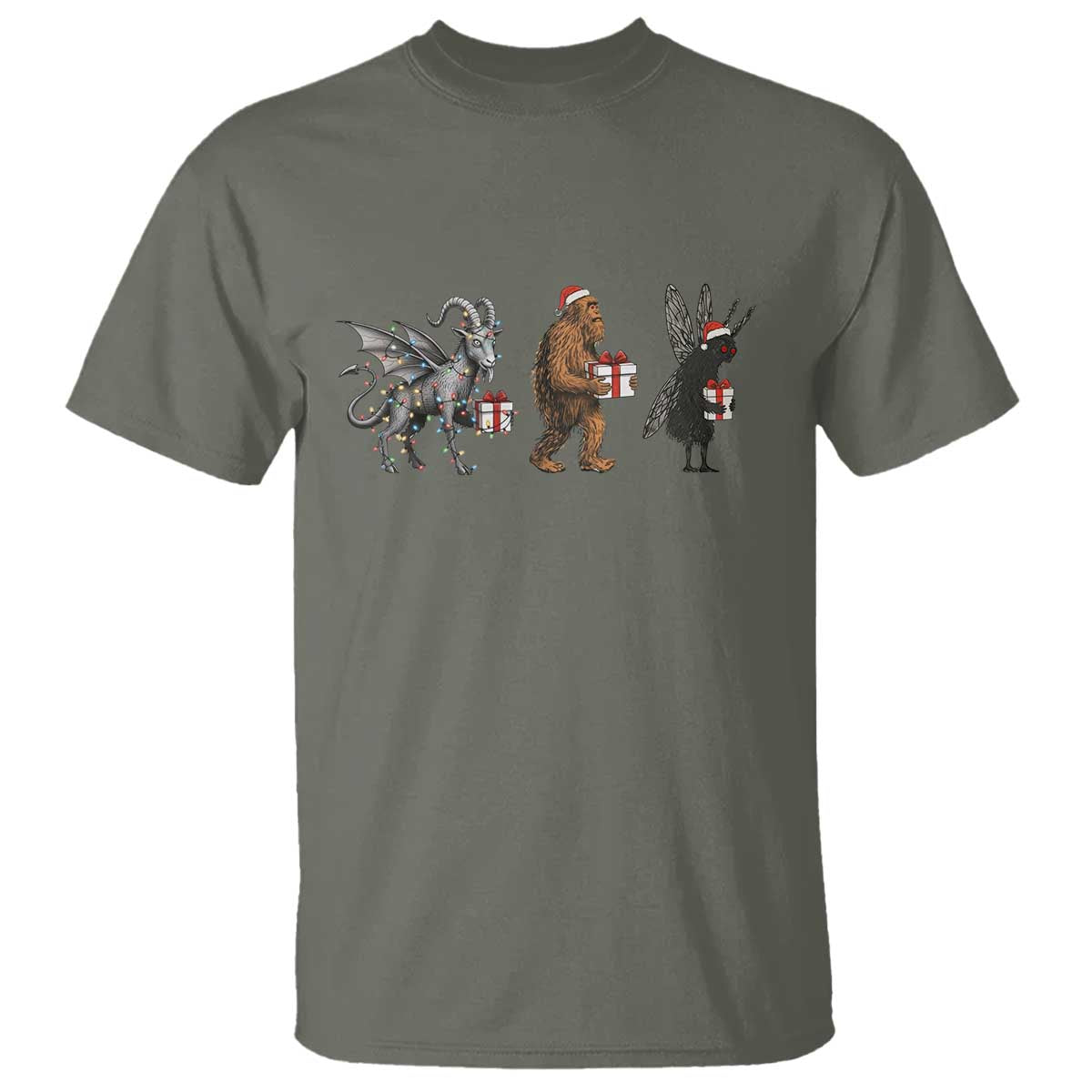 Christmas Cryptid Gift T Shirt Bigfoot Jersey Devil Mothman Santa TS12 Military Green Print Your Wear