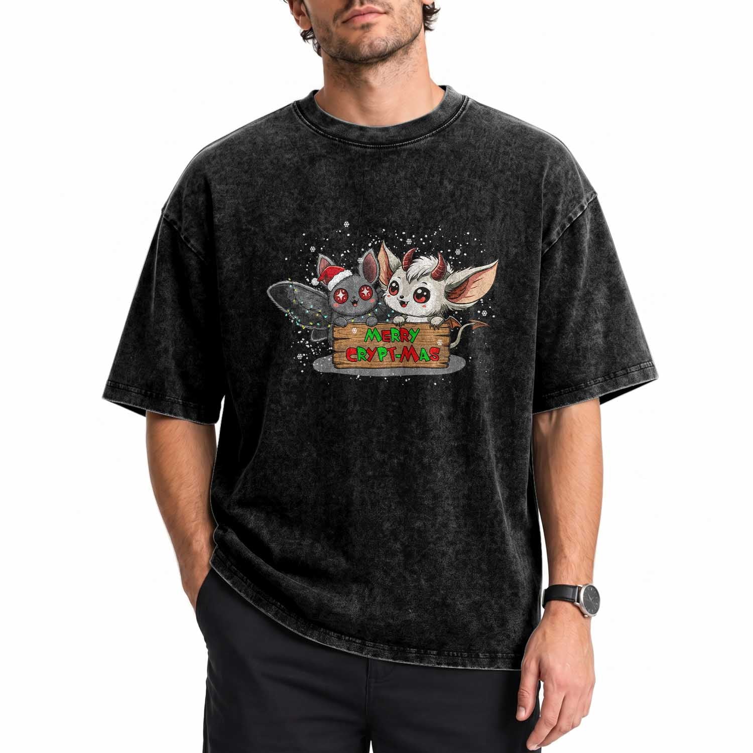 Mothman And Jersey Devil Washed Cotton T-Shirt Merry Cryptmas Funny Holiday Gift