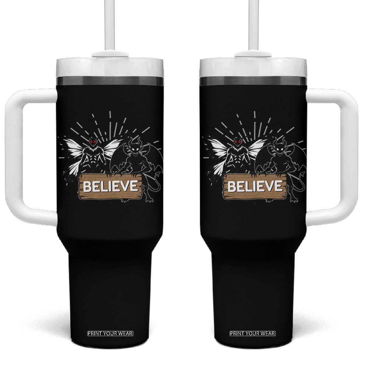Mothman Jersey Devil Tumbler With Handle Believe Cryptid Folklore Gift TS12 One Size: 40 oz Black Print Your Wear