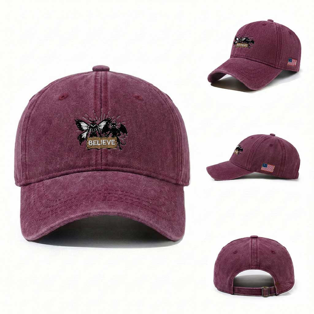 Mothman Jersey Devil Washed Cotton Baseball Cap Believe Cryptid Folklore Gift TS12 Washed Cap Universal Fit Burgundy Print Your Wear