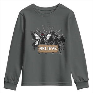 Mothman Jersey Devil Youth Sweatshirt Believe Cryptid Folklore Gift TS12 Dark Heather Print Your Wear