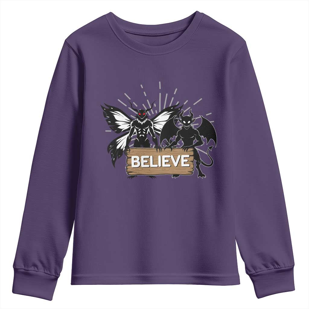 Mothman Jersey Devil Youth Sweatshirt Believe Cryptid Folklore Gift TS12 Purple Print Your Wear
