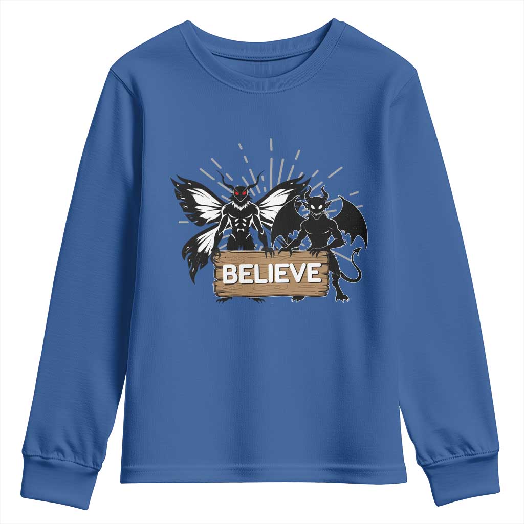 Mothman Jersey Devil Youth Sweatshirt Believe Cryptid Folklore Gift TS12 Royal Blue Print Your Wear
