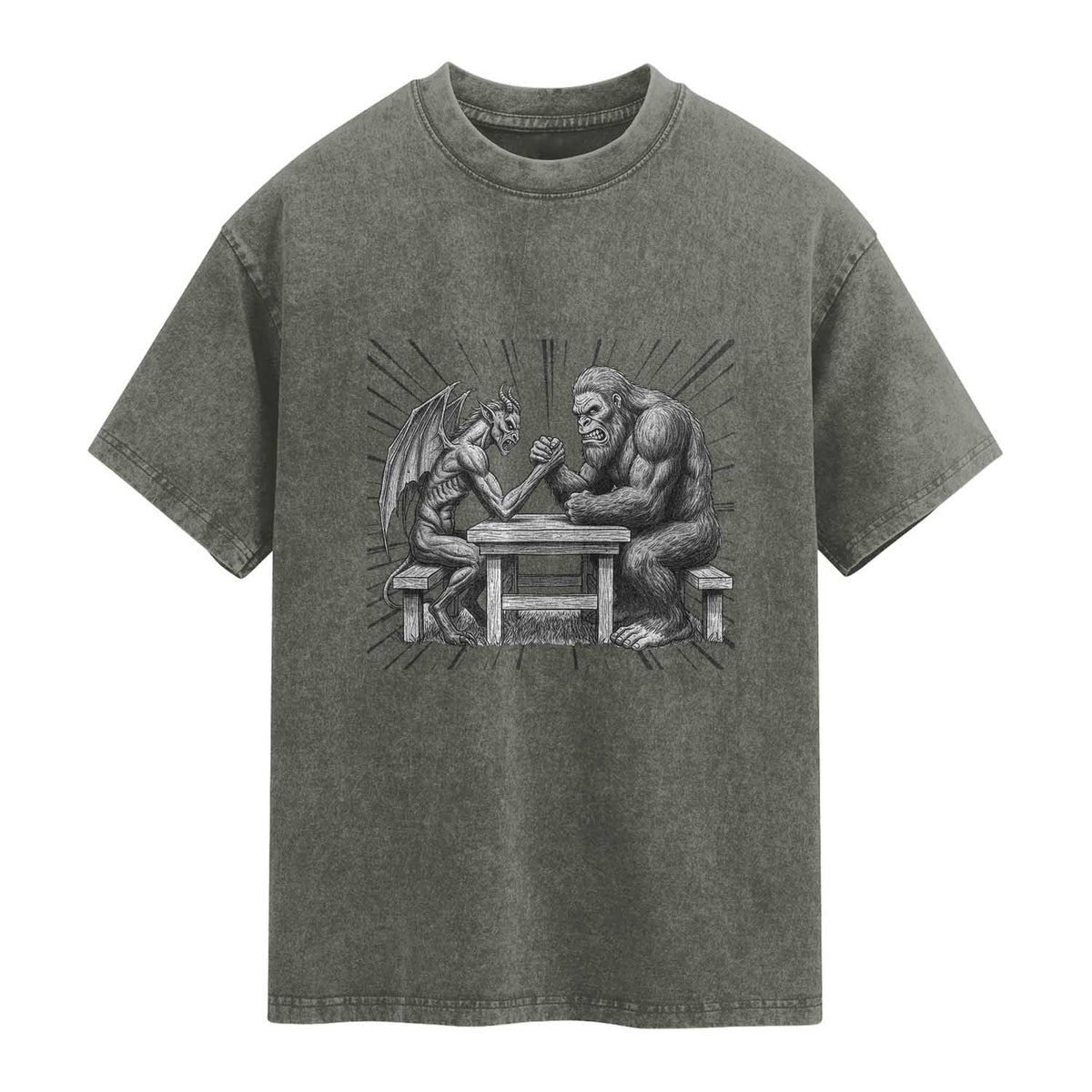 Bigfoot Jersey Devil Washed Cotton T-Shirt Arm Wrestling Funny Cryptid Gift