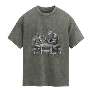 Bigfoot Jersey Devil Washed Cotton T-Shirt Arm Wrestling Funny Cryptid Gift