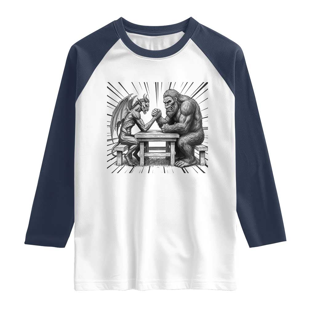 Bigfoot Jersey Devil Raglan Shirt Arm Wrestling Funny Cryptid Gift TS12 White Navy Print Your Wear
