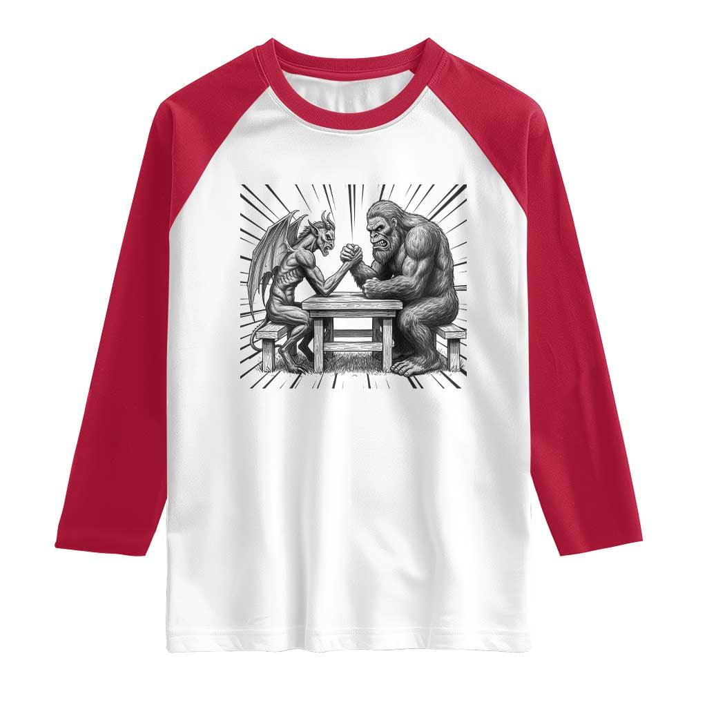 Bigfoot Jersey Devil Raglan Shirt Arm Wrestling Funny Cryptid Gift TS12 White Red Print Your Wear