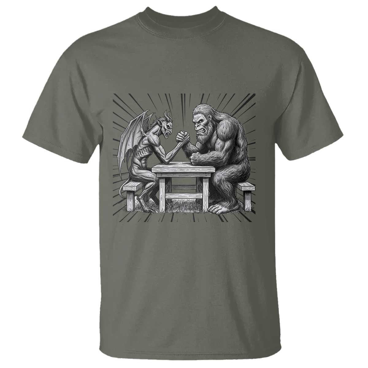 Bigfoot Jersey Devil T Shirt Arm Wrestling Funny Cryptid Gift TS12 Military Green Print Your Wear