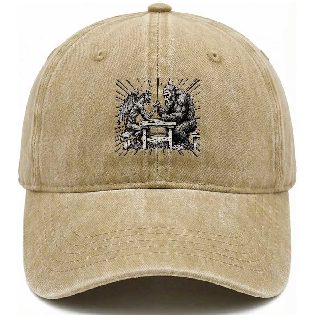 Bigfoot Jersey Devil Washed Cotton Baseball Cap Arm Wrestling Funny Cryptid Gift TS12 Washed Cap Universal Fit Khaki Print Your Wear
