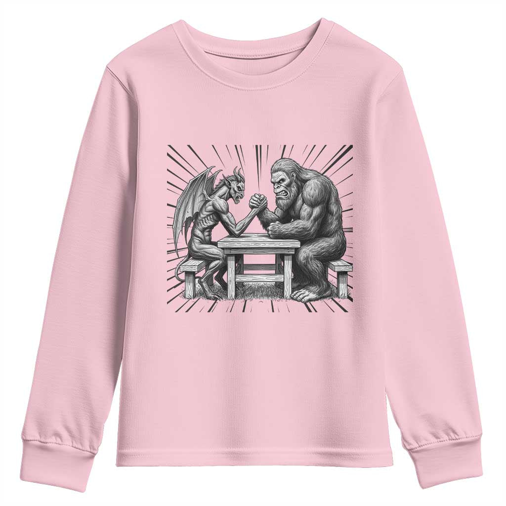 Bigfoot Jersey Devil Youth Sweatshirt Arm Wrestling Funny Cryptid Gift TS12 Light Pink Print Your Wear