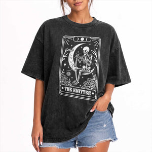 The Knitter Skeleton Washed Cotton T-Shirt Knitting Lover Gift Tarot Card Graphic