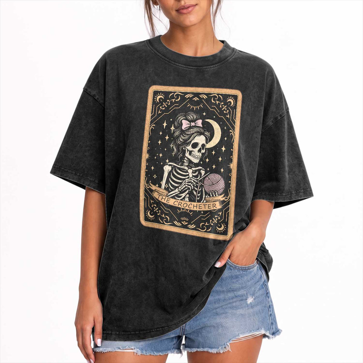 The Crocheter Skeleton Washed Cotton T-Shirt Crochet Lover Gift Tarot Card Graphic